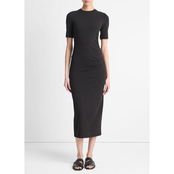 NWT Vince Black Stretch Pima Cotton-Blend Side-Drape Slit Maxi Dress Size Small - Picture 1 of 4